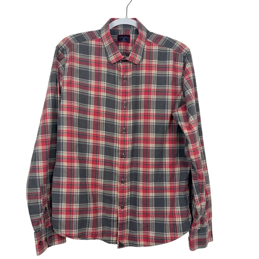 UNTUCKit Plaid Button Down Shirt Large Red Grey Excellent